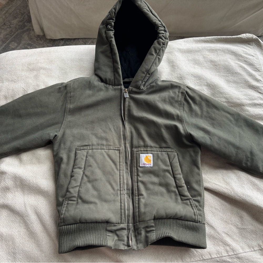 Kids Carhartt Olive Green Hooded Jacket with Fleece Lining
